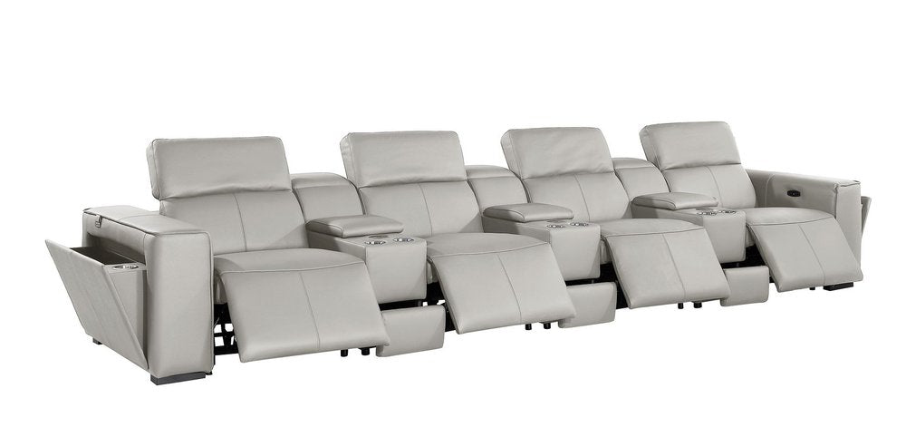 Beige Top Grain Leather Reclining Metal USB Sofa - 170-inch