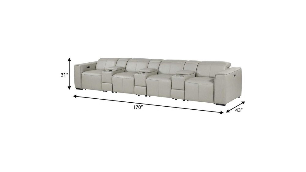 Beige Top Grain Leather Reclining Metal USB Sofa - 170-inch