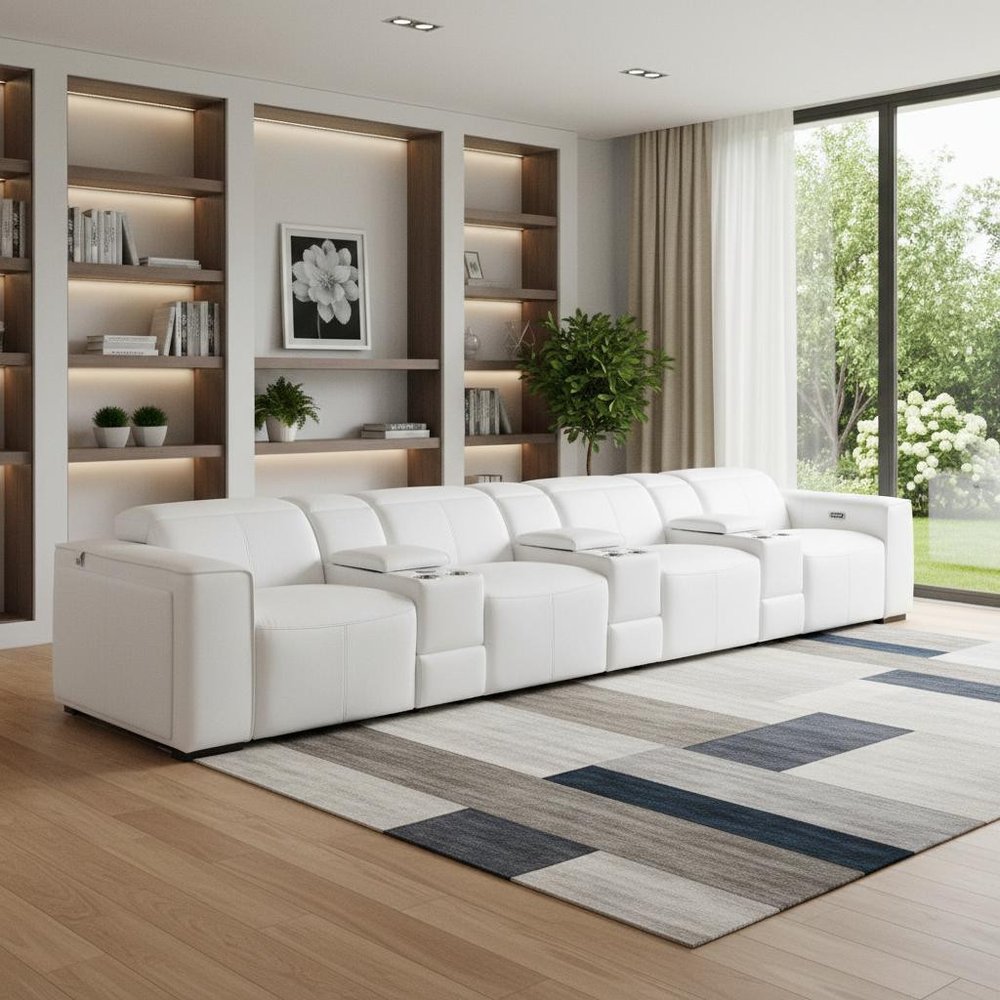 Beige Top Grain Leather Reclining Metal USB Sofa - 170-inch
