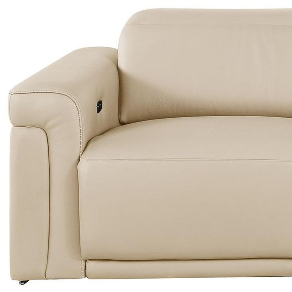 Beige Top Grain Leather Reclining Metal USB Sofa - 100-inch
