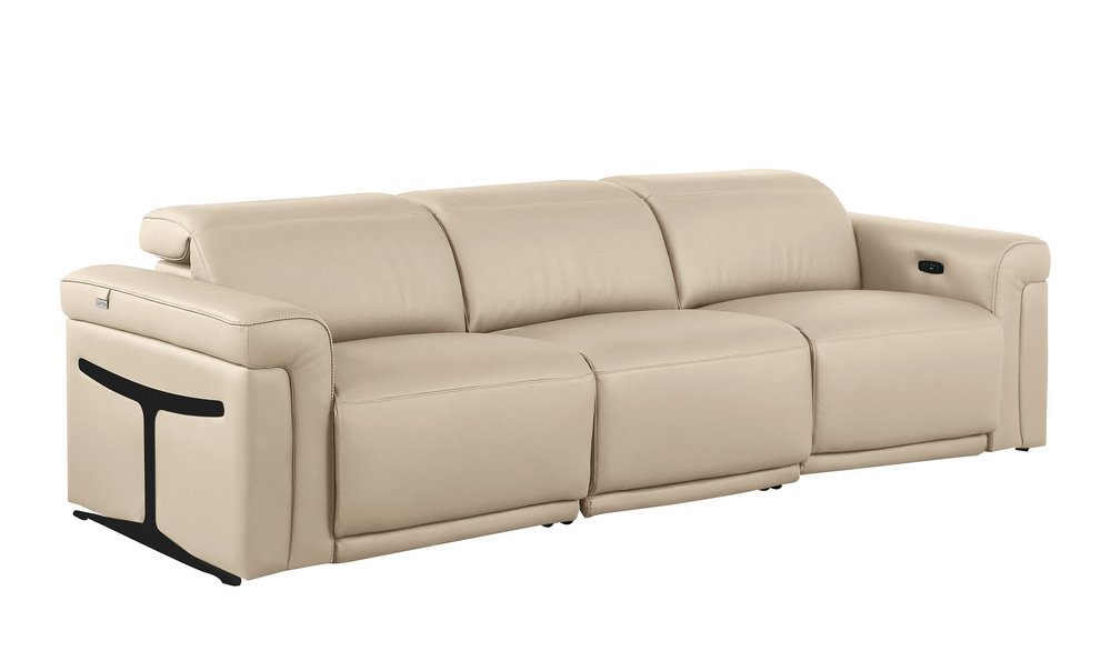 Beige Top Grain Leather Reclining Metal USB Sofa - 100-inch
