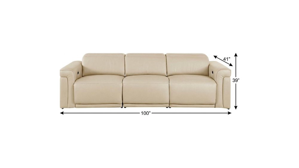 Beige Top Grain Leather Reclining Metal USB Sofa - 100-inch