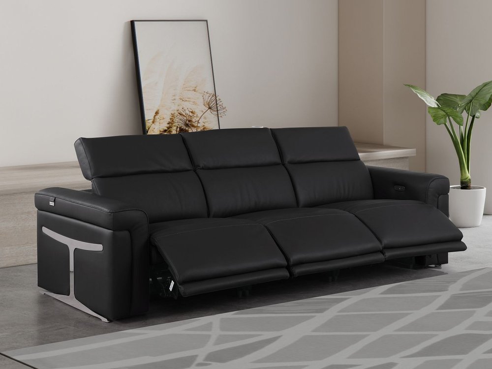 Beige Top Grain Leather Reclining Metal USB Sofa - 100-inch
