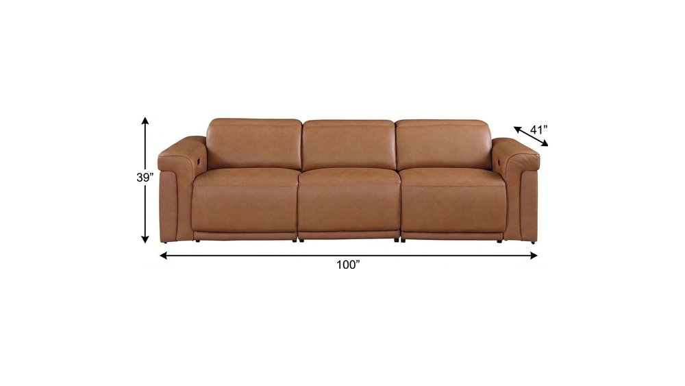 Beige Top Grain Leather Reclining Metal USB Sofa - 100-inch