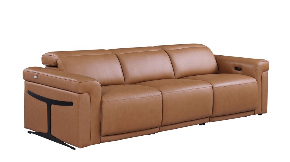 Beige Top Grain Leather Reclining Metal USB Sofa - 100-inch