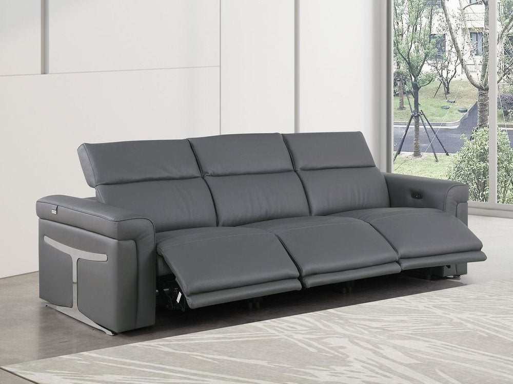 Beige Top Grain Leather Reclining Metal USB Sofa - 100-inch