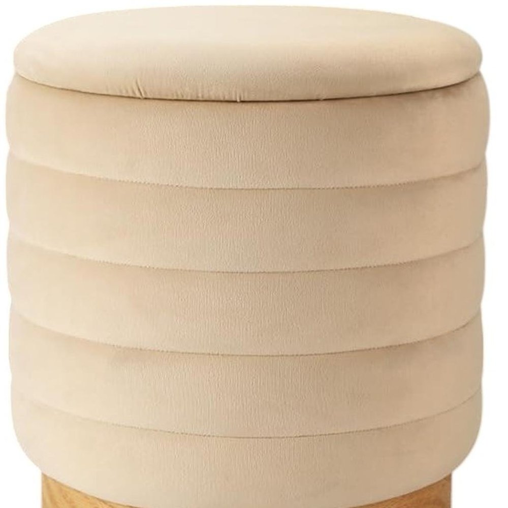 Beige and Natural Velvet Tufted Cylinder Storage Ottoman - 16-inch
