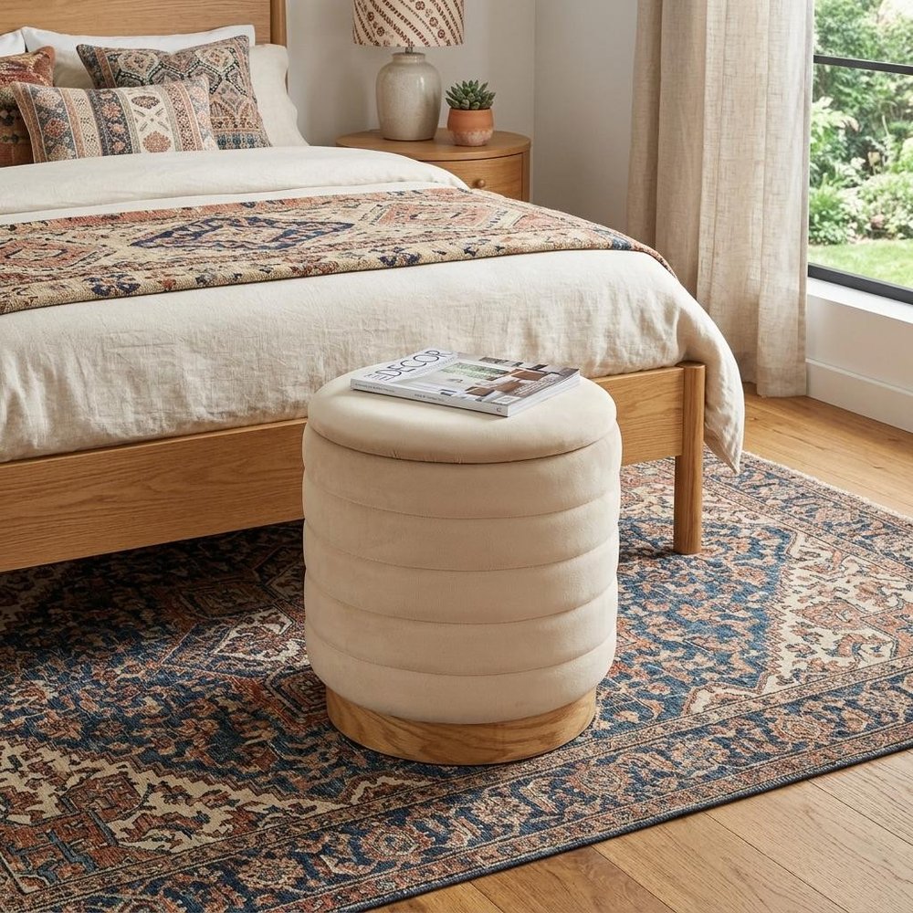 Beige and Natural Velvet Tufted Cylinder Storage Ottoman - 16-inch