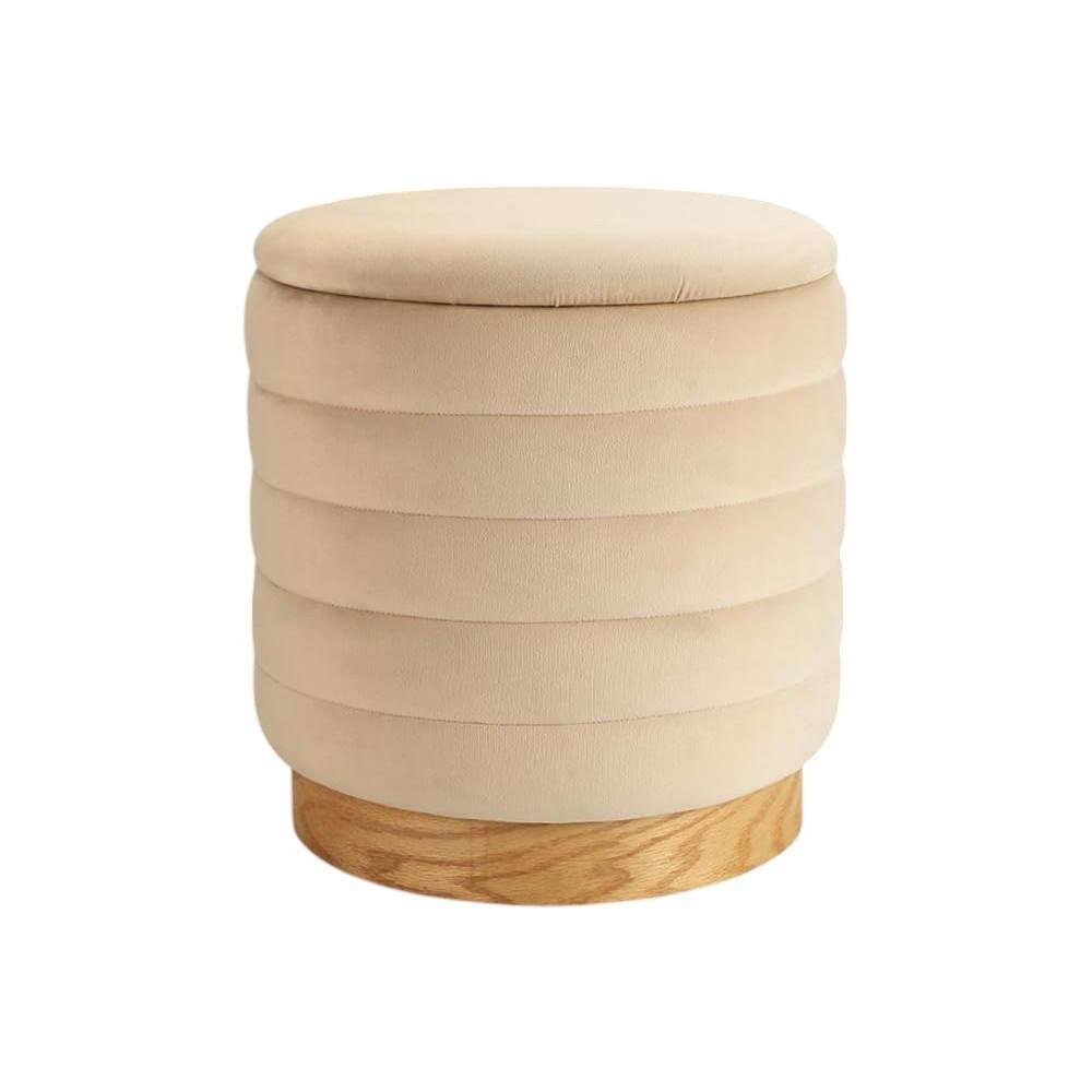 Beige and Natural Velvet Tufted Cylinder Storage Ottoman - 16-inch