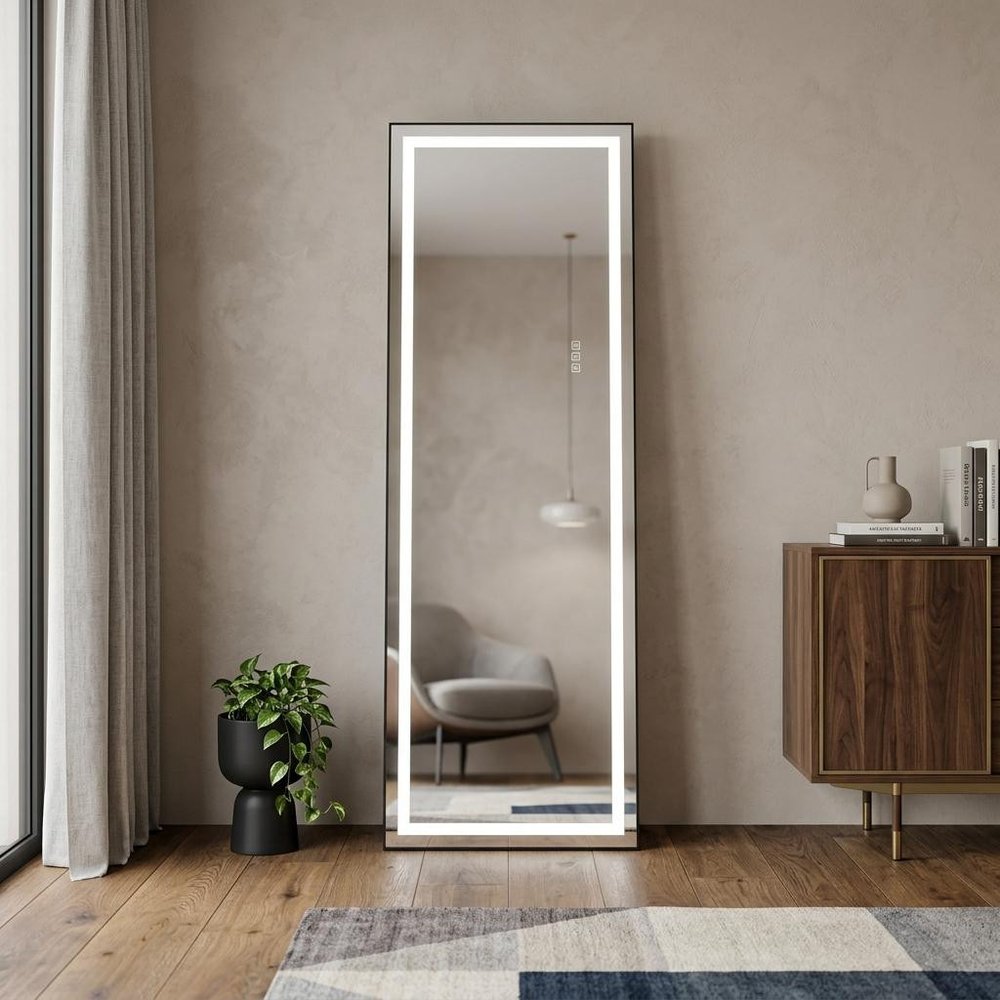 Silver Lighted Wall Mount or Freestanding Frameless Standing Mirror - 65-inch