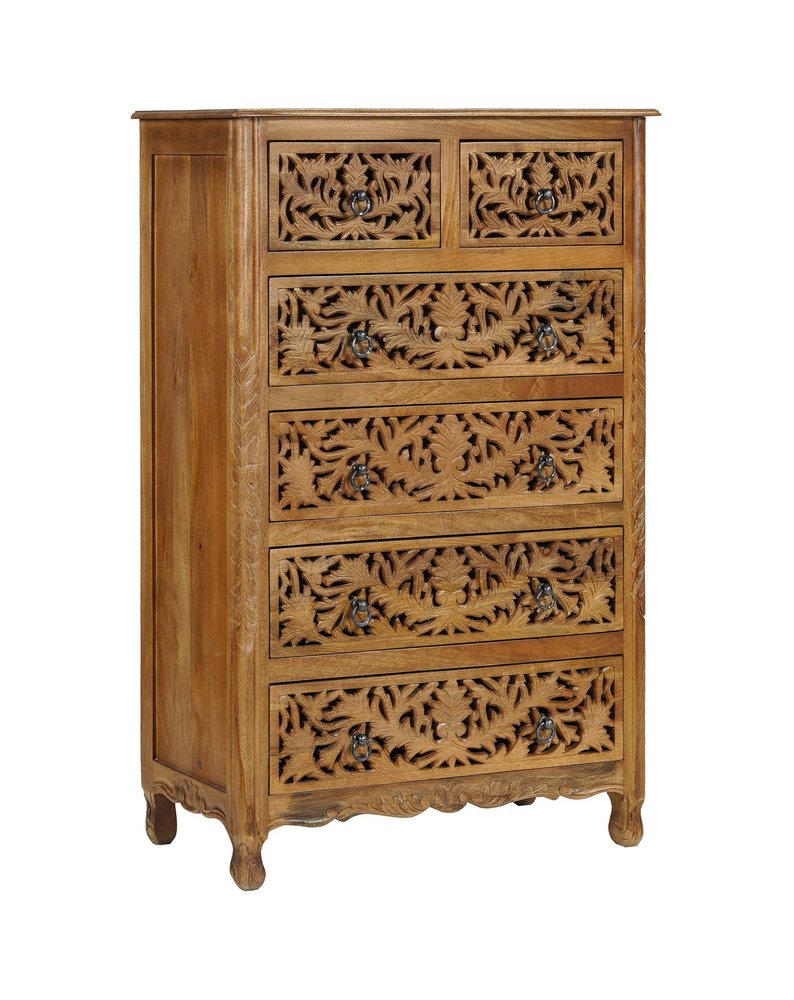 Brown Carved Floral Solid Wood Six Drawer Dresser - 35-inch