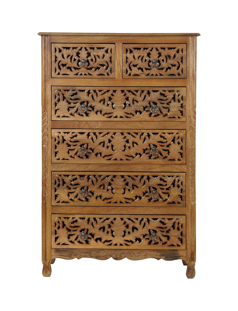 Brown Carved Floral Solid Wood Six Drawer Dresser - 35-inch