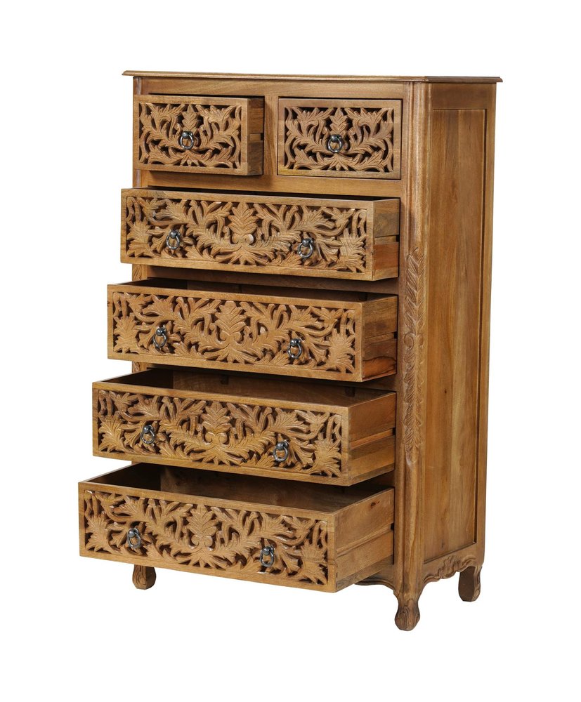Brown Carved Floral Solid Wood Six Drawer Dresser - 35-inch