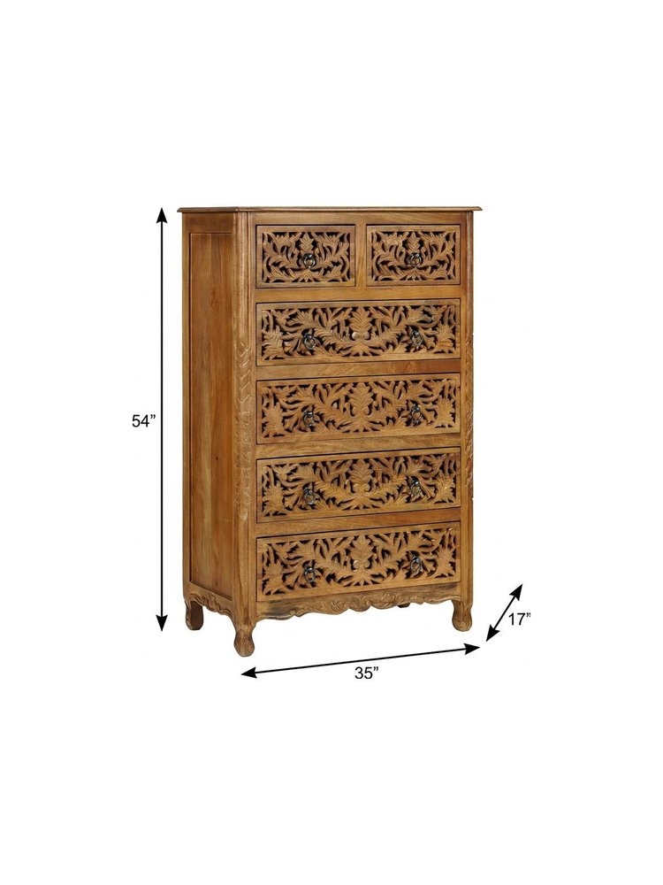 Brown Carved Floral Solid Wood Six Drawer Dresser - 35-inch