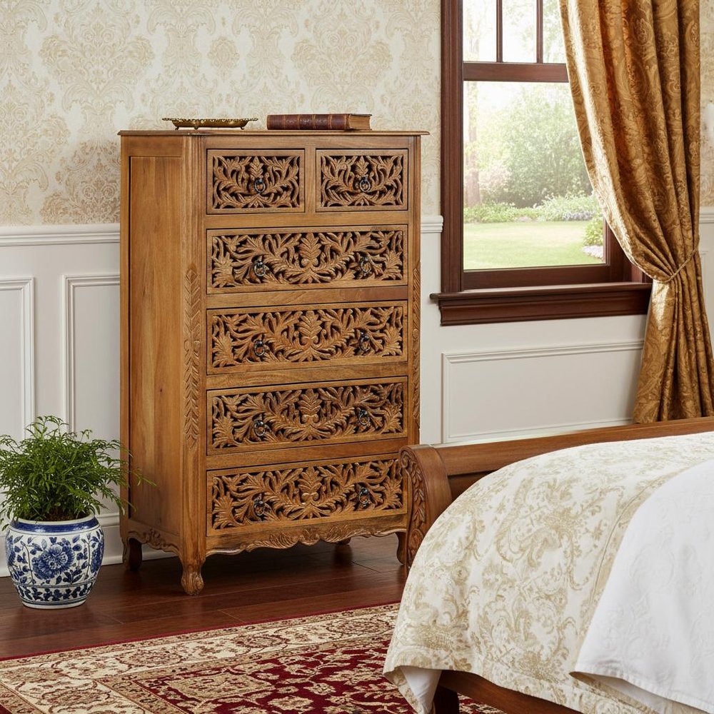 Brown Carved Floral Solid Wood Six Drawer Dresser - 35-inch