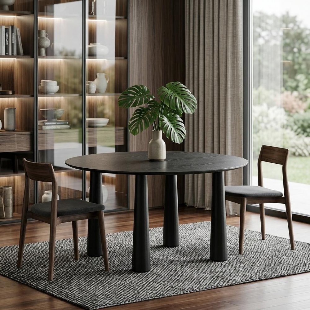 Black Solid Wood Round Top Dining Table - 59-inch