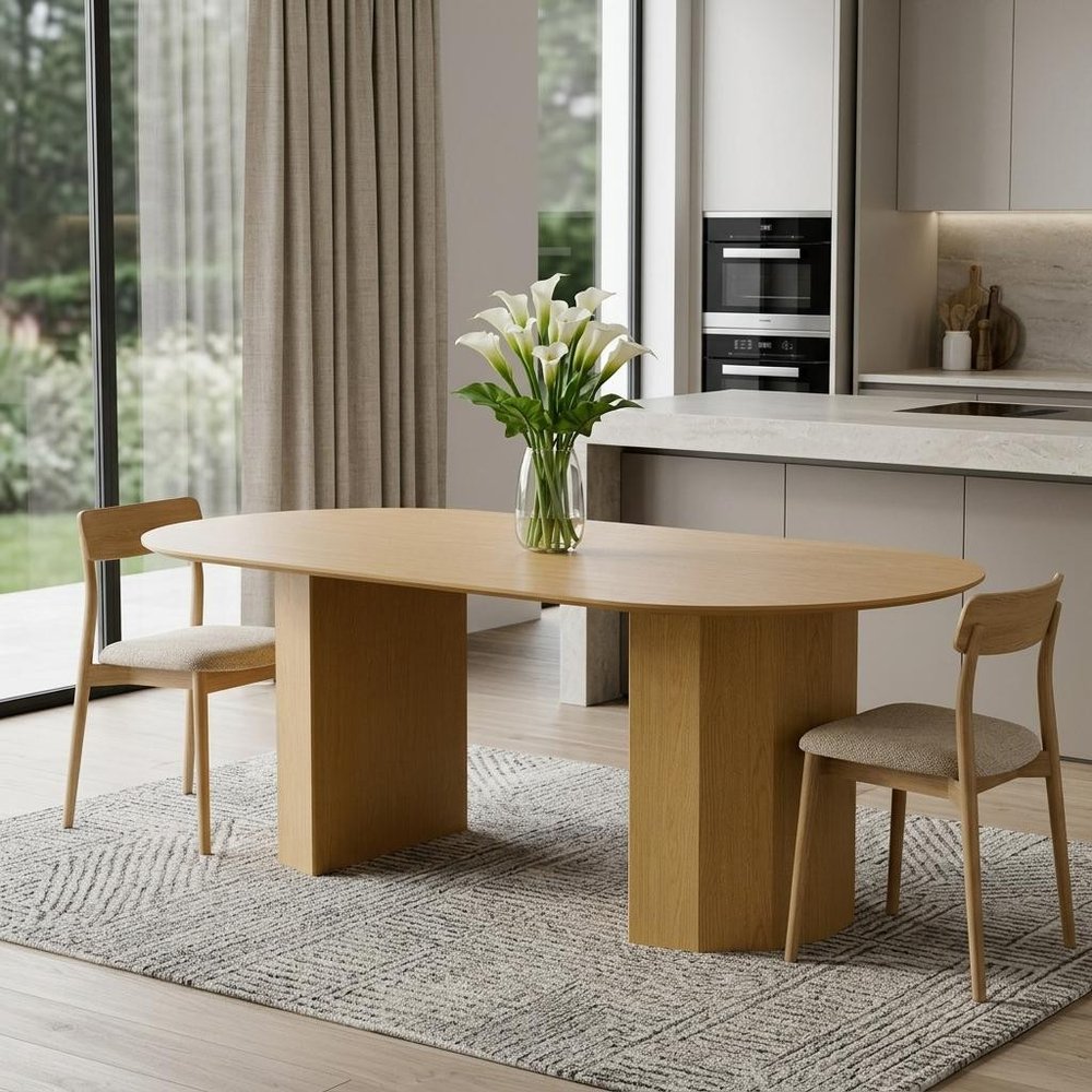Natural Wood Double Pedestal Base Oval Dining Table - 86-inch
