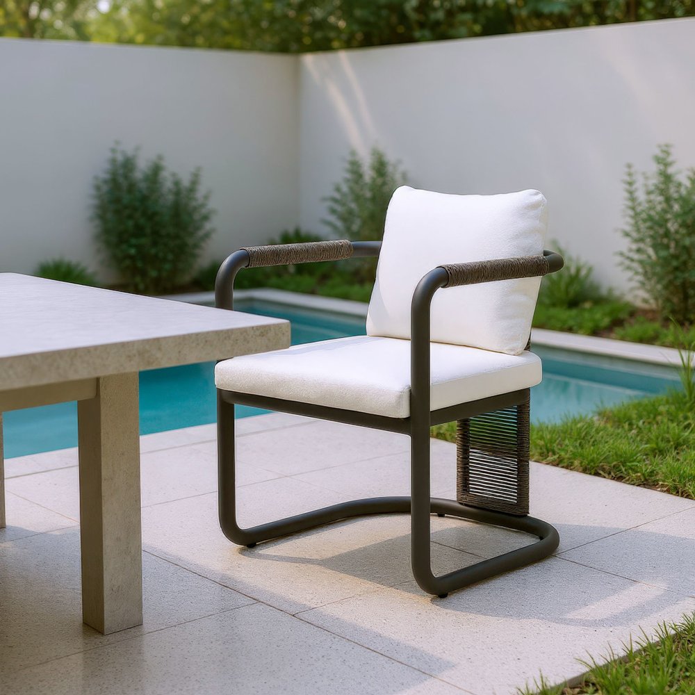 Set of Two Ivory and Black Slipcovered Upholstery Dining Arm Chairs