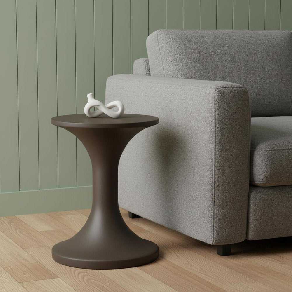 Dark Brown Faux Concrete Round Outdoor Side Table - 14-inch