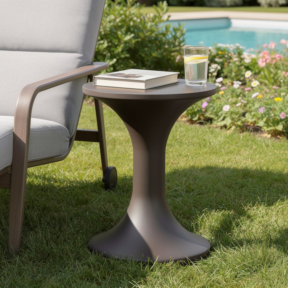 Dark Brown Faux Concrete Round Outdoor Side Table - 14-inch