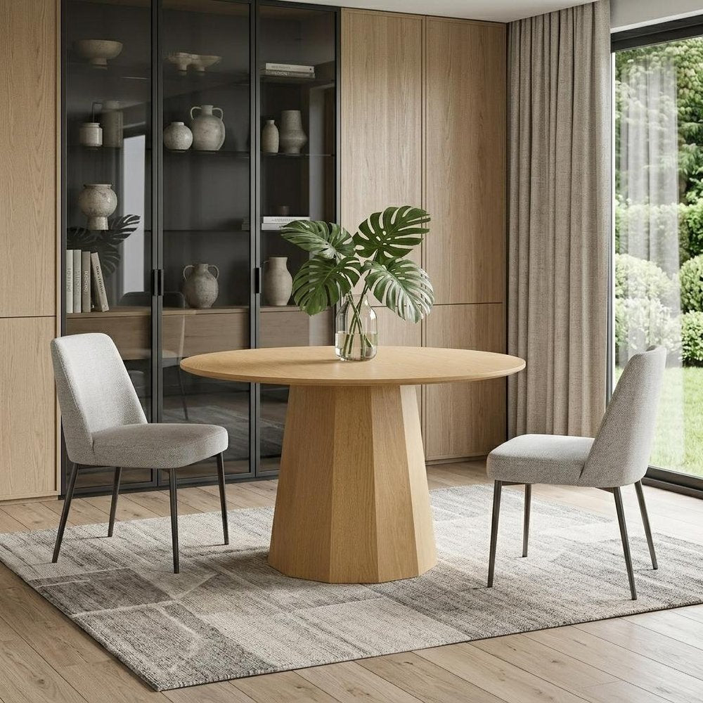 Oak Wood Pedestal Base Straight Edge Round Top Dining Table - 46-inch