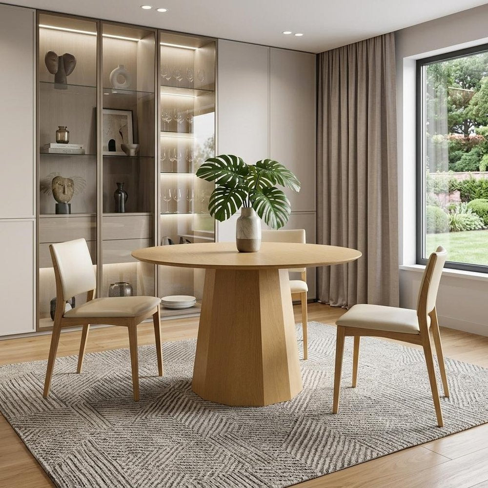 Oak Wood Pedestal Base Beveled Edge Round Top Dining Table - 46-inch