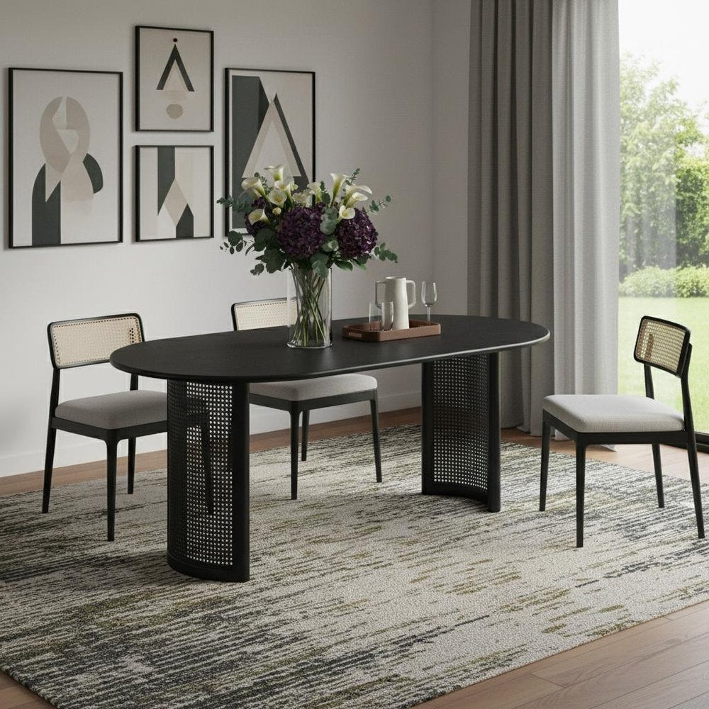 Black Solid Wood with Rattan Double Pedestal Base Oval Dining Table - 79-inch