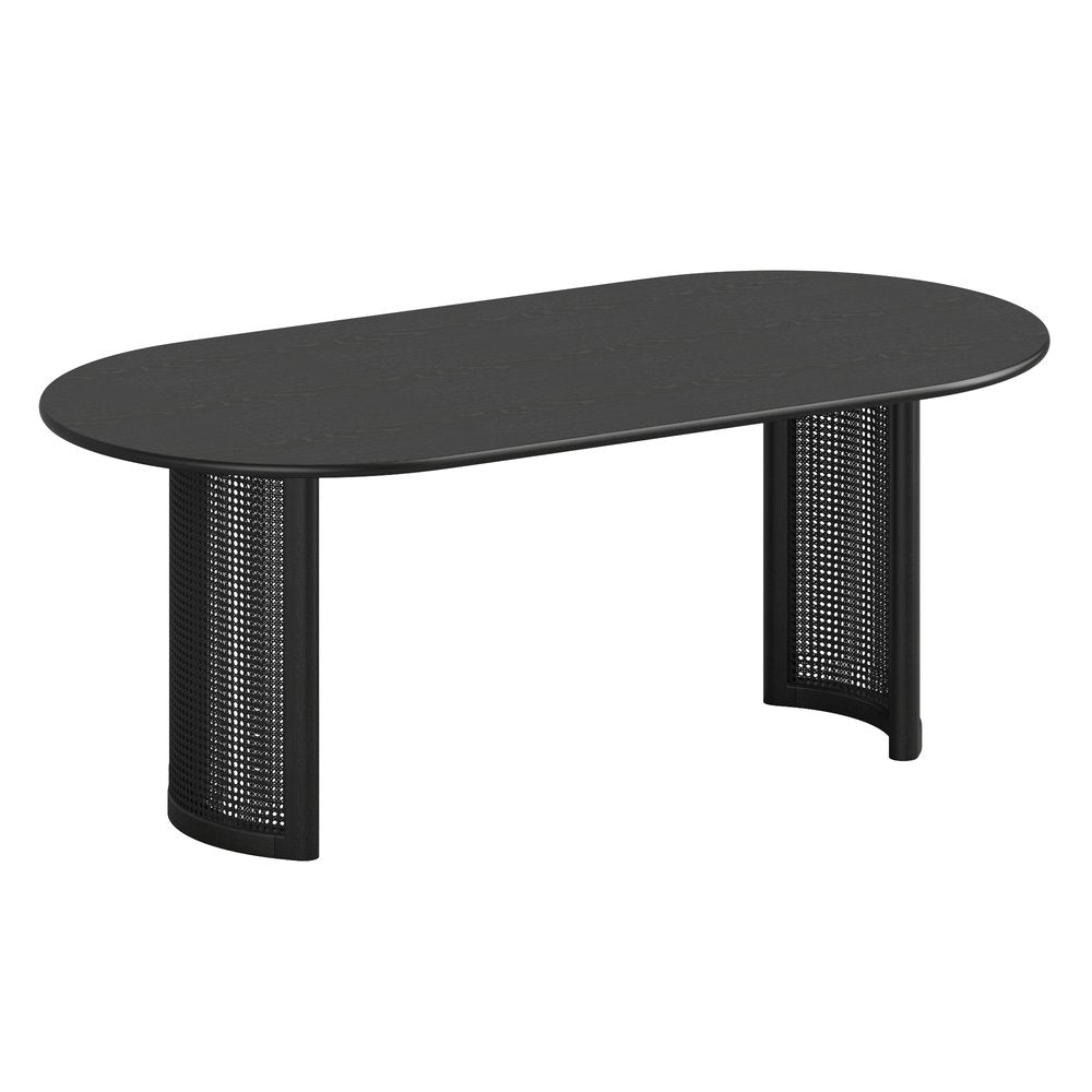 Black Solid Wood with Rattan Double Pedestal Base Oval Dining Table - 79-inch