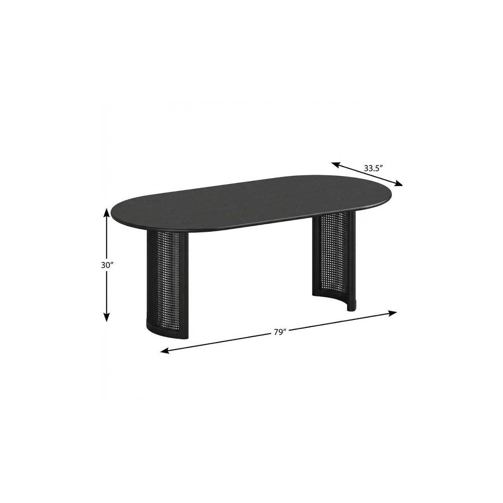 Black Solid Wood with Rattan Double Pedestal Base Oval Dining Table - 79-inch