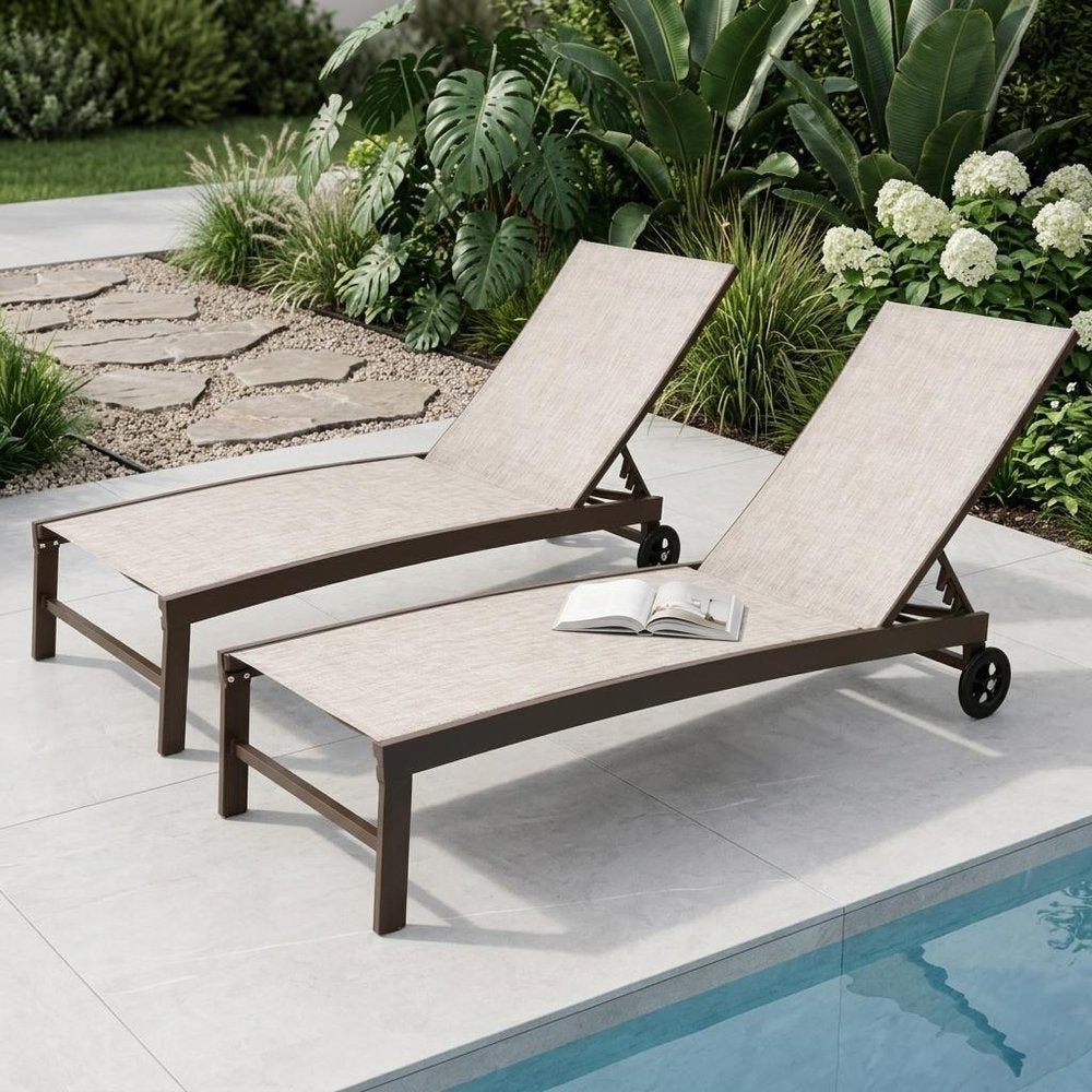 Set of Two Beige Aluminum Five Position Adjustable Outdoor Chaise Lounges
