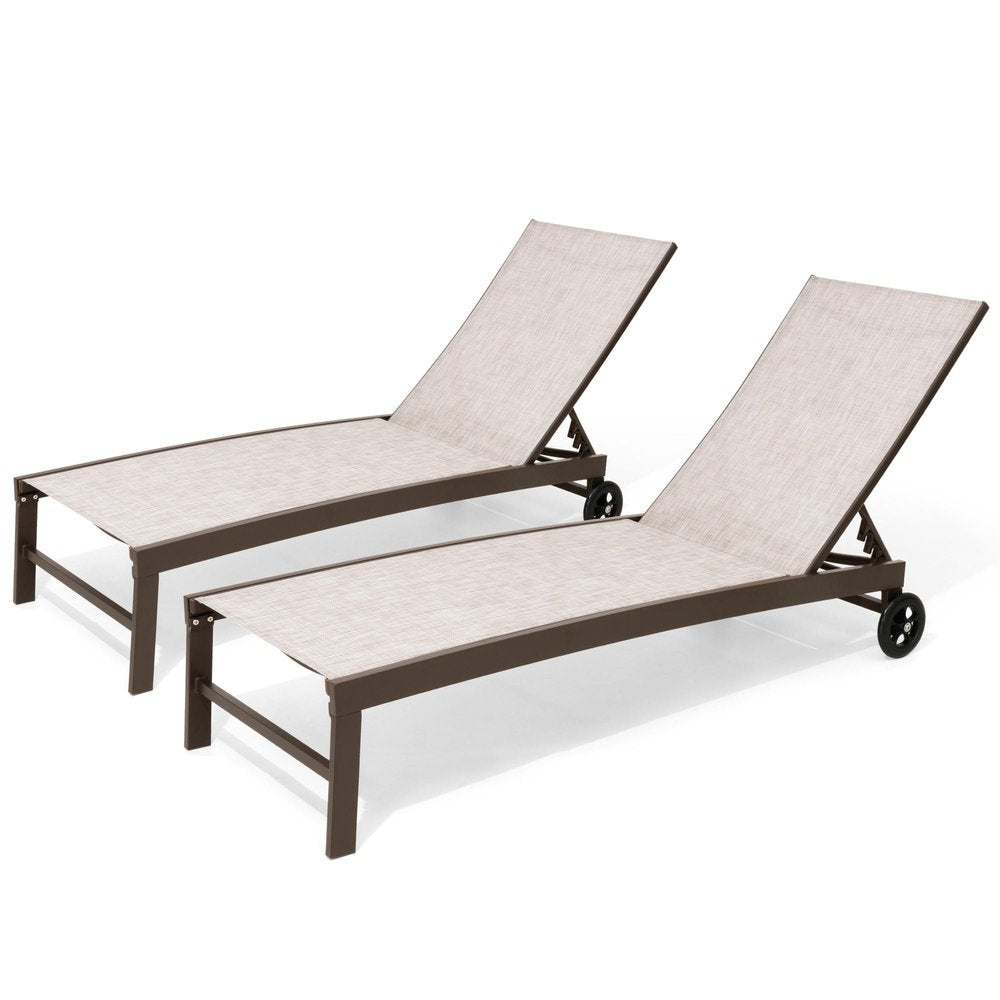 Set of Two Beige Aluminum Five Position Adjustable Outdoor Chaise Lounges