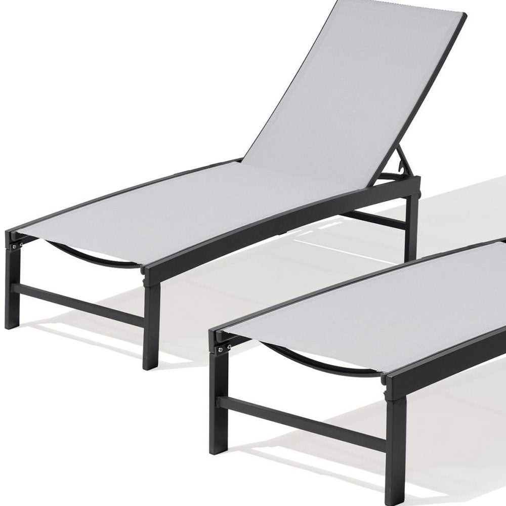 Set of Two Light Gray Metal Five Position Adjustable Outdoor Chaise Lounges