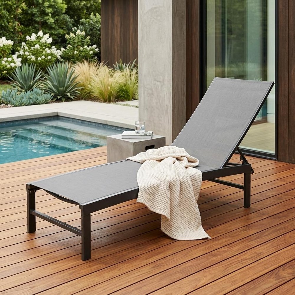 Black Aluminum Six Position Adjustable Outdoor Chaise Lounge - 60-inch