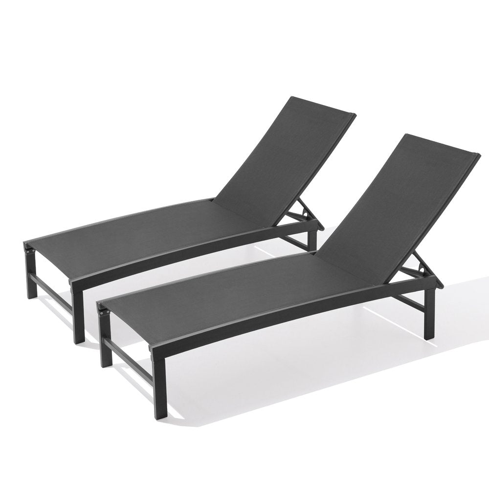 Set of Two Black Aluminum Six Position Adjustable Outdoor Chaise Lounges