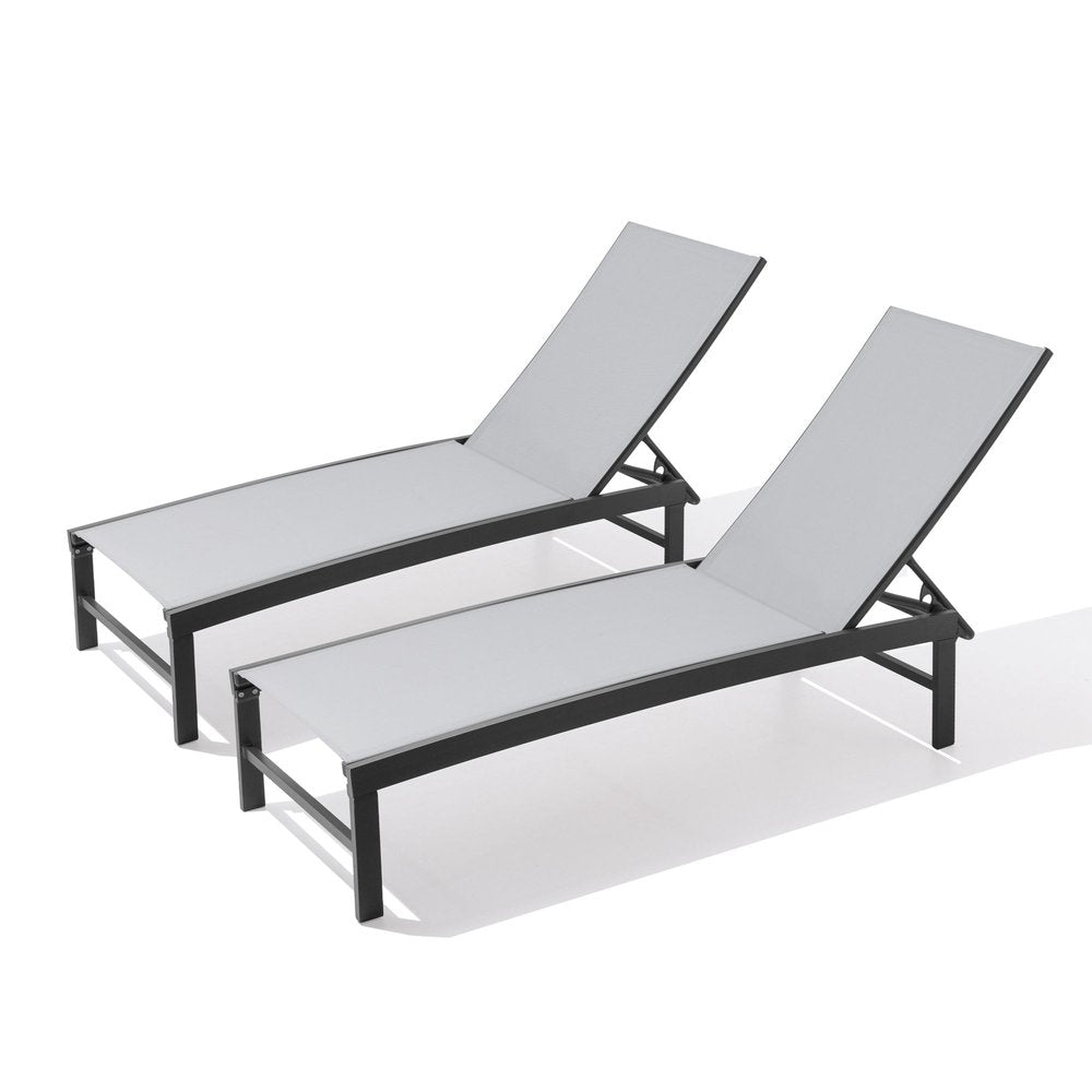 Set of Two Light Gray Aluminum Six Position Adjustable Outdoor Chaise Lounges