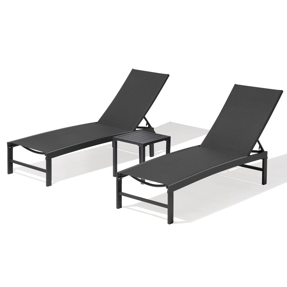 Set of Three Black Aluminum Six Position Adjustable Outdoor Chaise Lounges