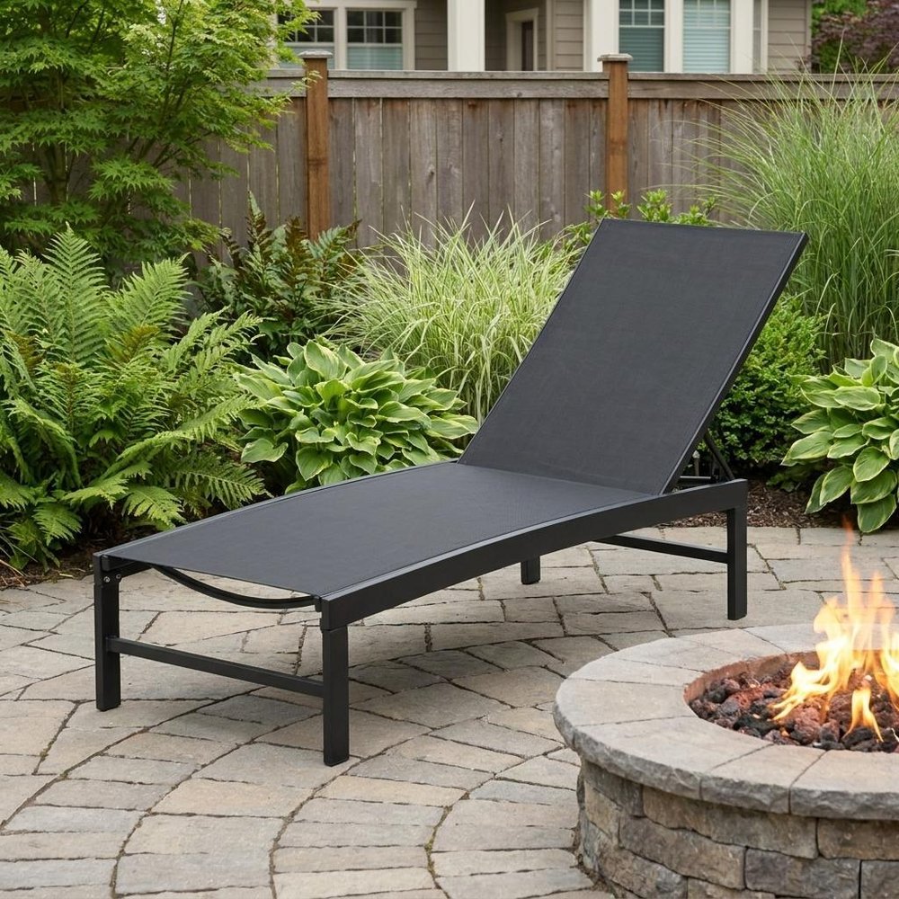 Set of Three Black Aluminum Six Position Adjustable Outdoor Chaise Lounges