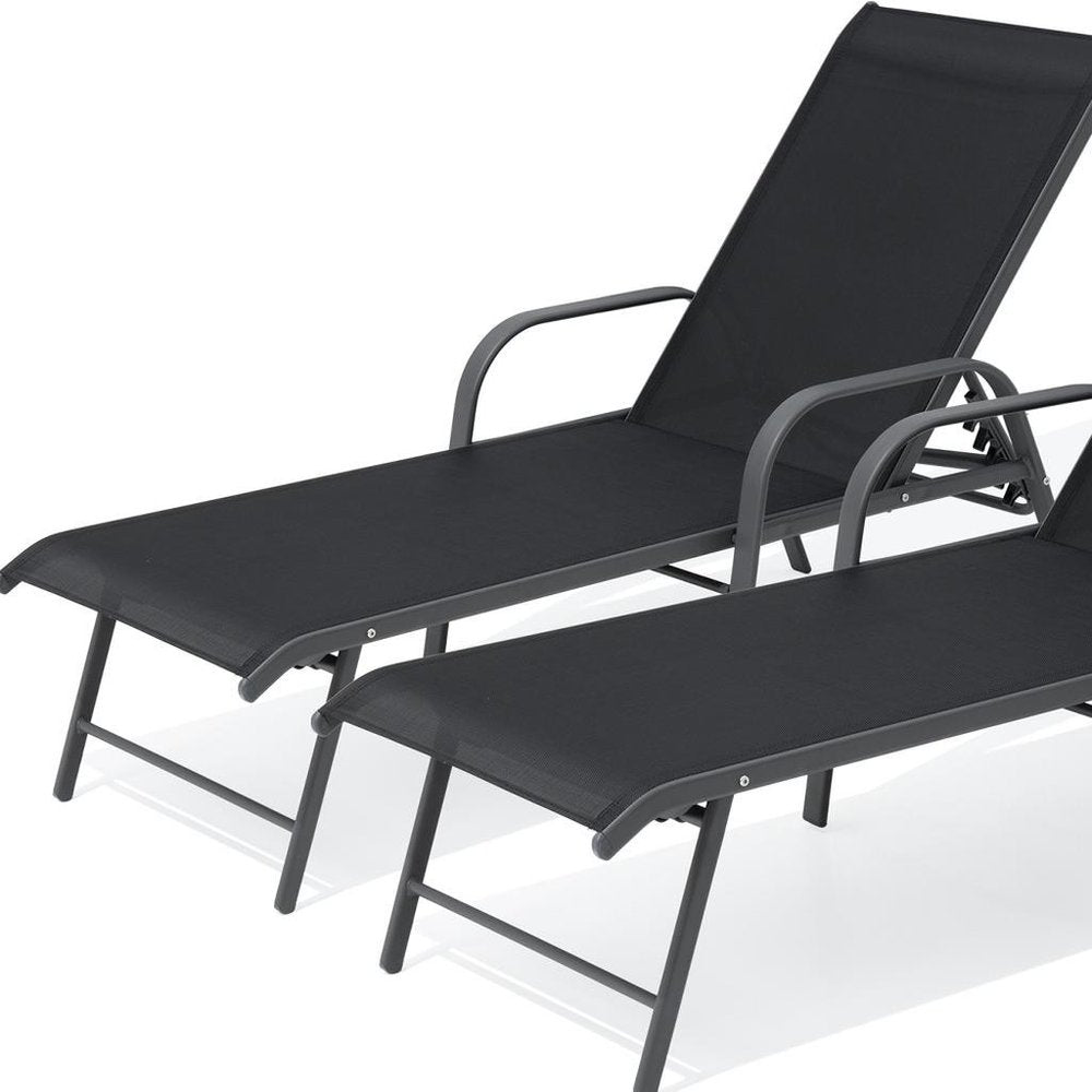 Set of Two Black Aluminum Six Position Adjustable Outdoor Chaise Lounges