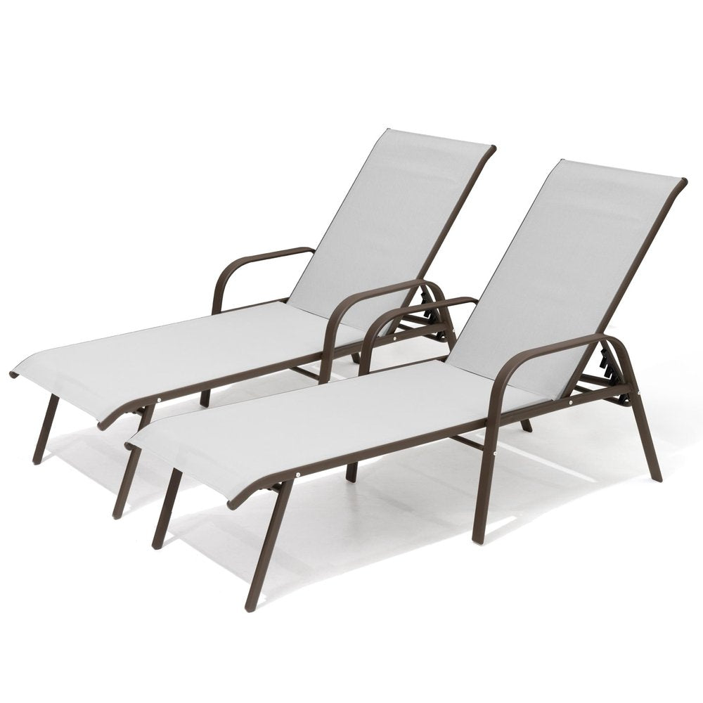 Set of Two Light Gray Aluminum Six Position Adjustable Outdoor Chaise Lounges