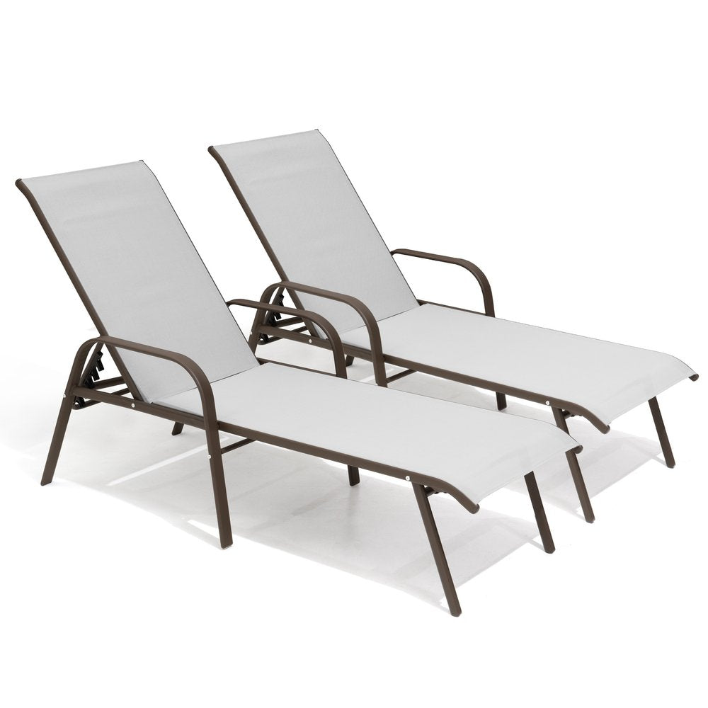 Set of Two Light Gray Aluminum Six Position Adjustable Outdoor Chaise Lounges