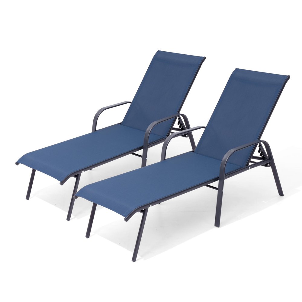 Set of Two Navy Blue Aluminum Six Position Adjustable Outdoor Chaise Lounges