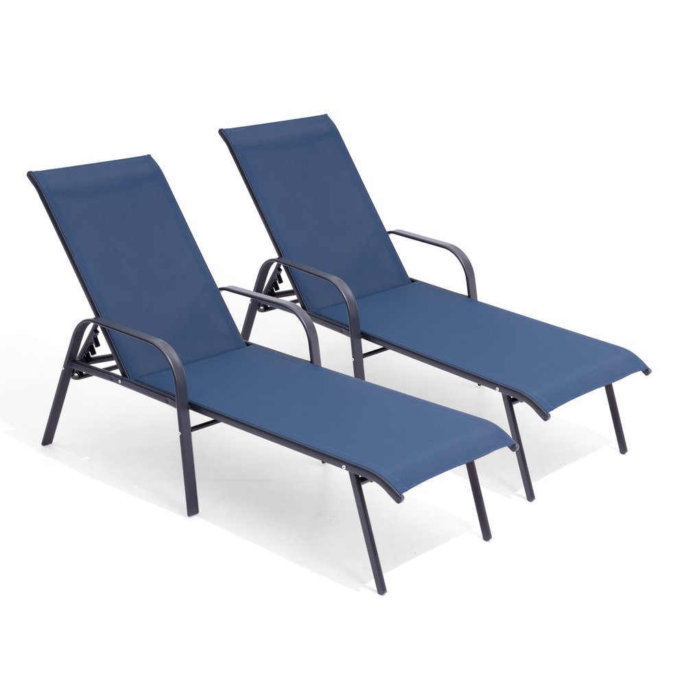 Set of Two Navy Blue Aluminum Six Position Adjustable Outdoor Chaise Lounges