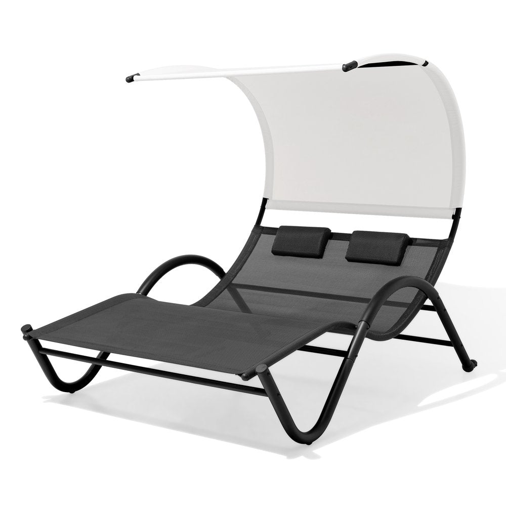 Black Steel Sling Outdoor Chaise Lounge with Canopy - 73-inch