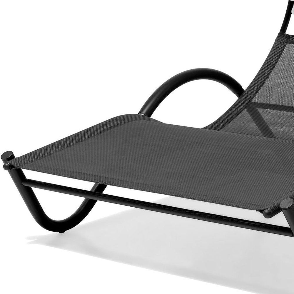 Black Steel Sling Outdoor Chaise Lounge with Canopy - 73-inch