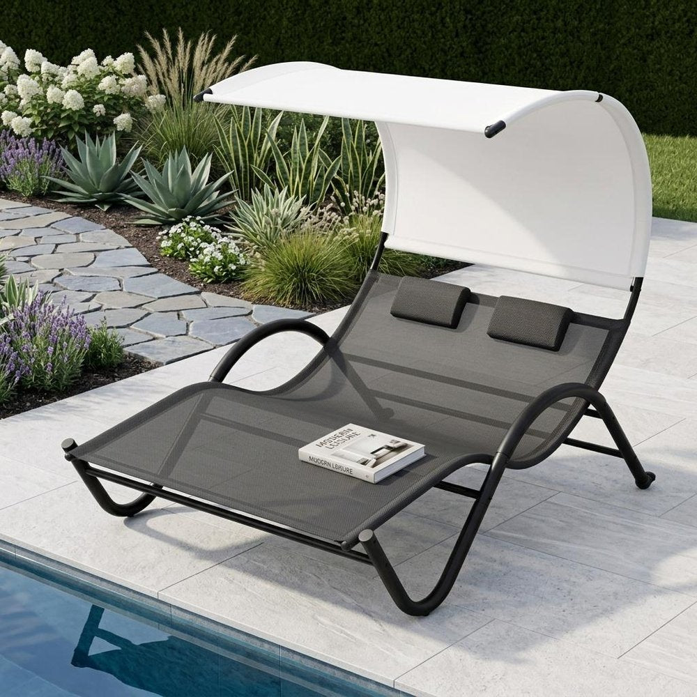 Black Steel Sling Outdoor Chaise Lounge with Canopy - 73-inch