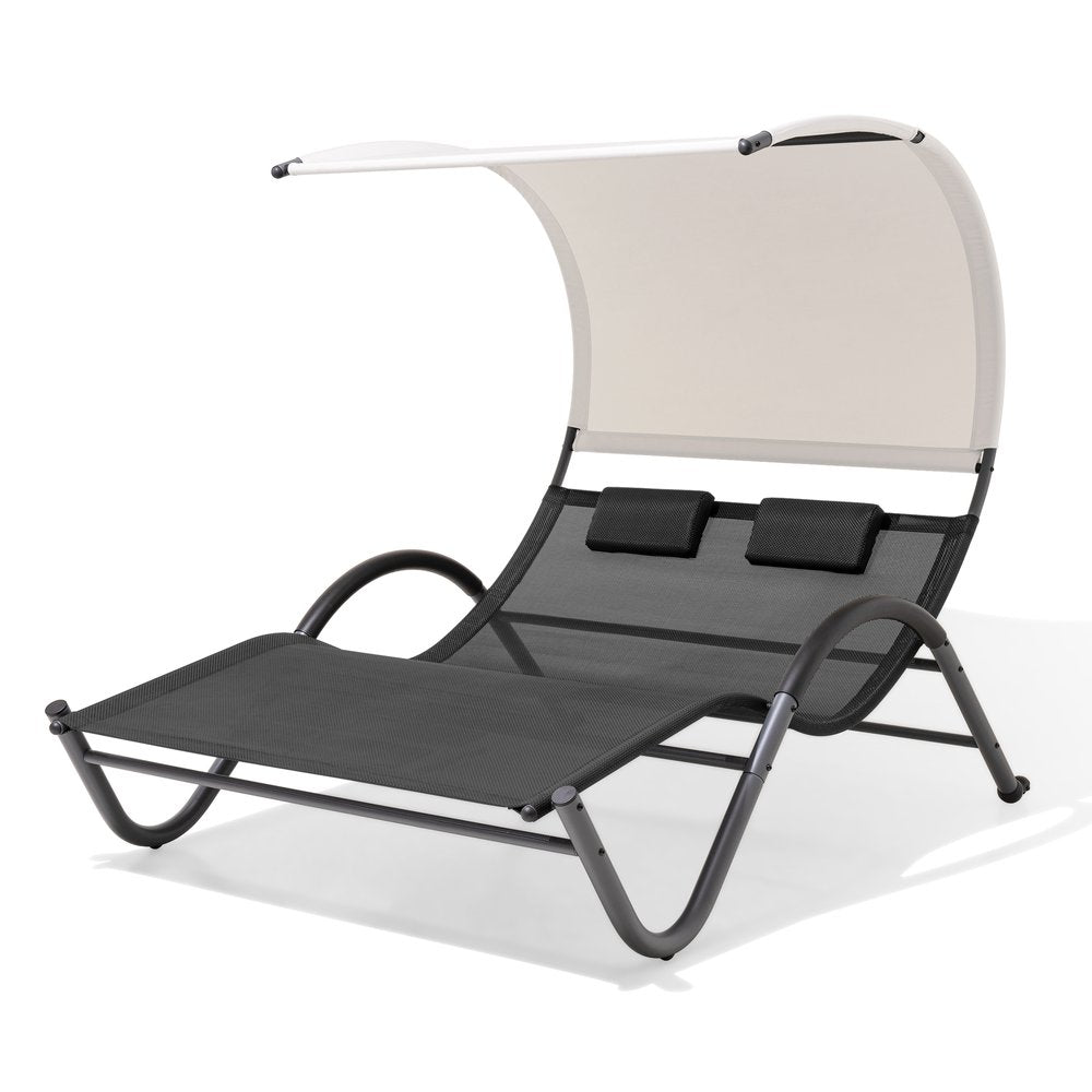 Gray Steel Sling Outdoor Chaise Lounge with Canopy - 73-inch