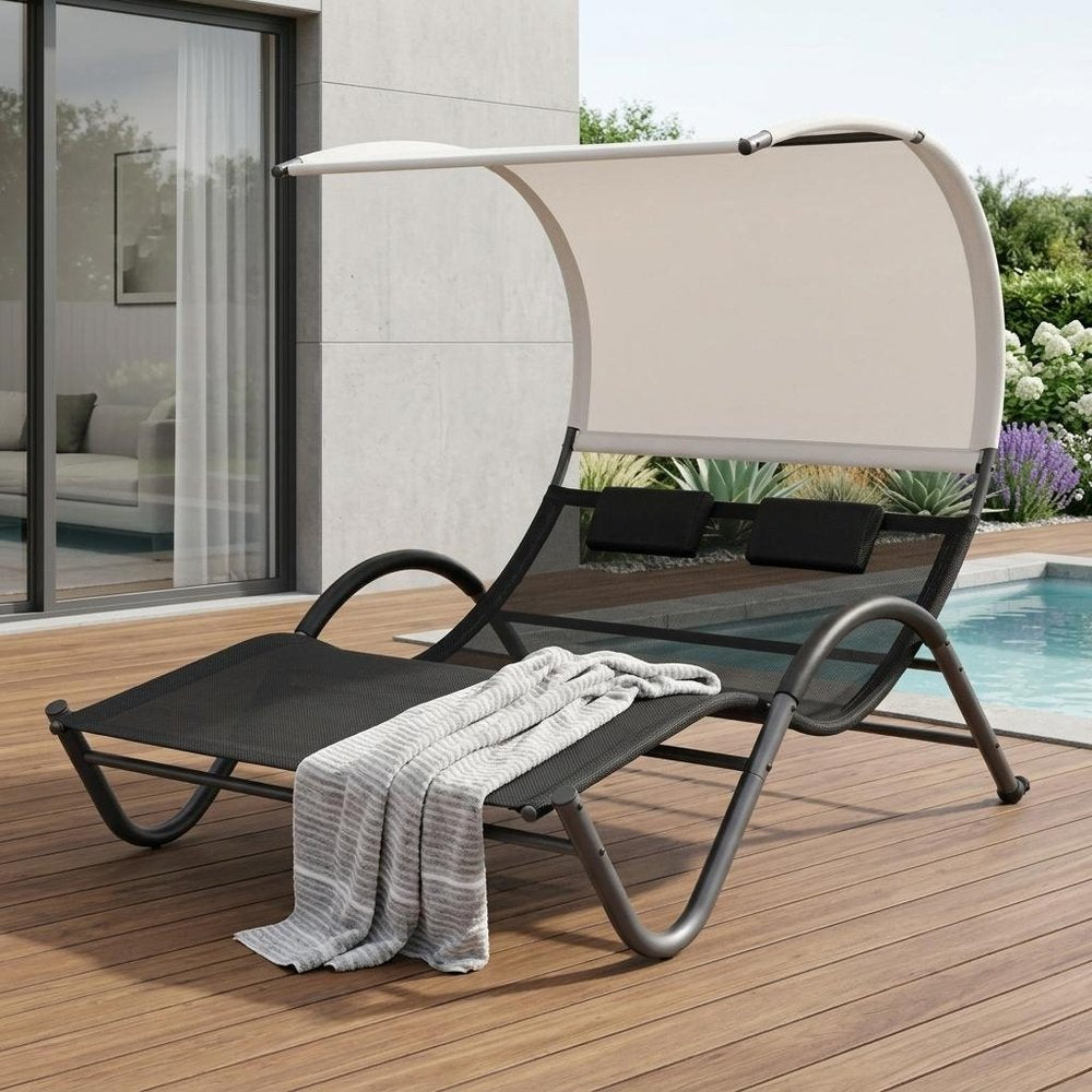 Gray Steel Sling Outdoor Chaise Lounge with Canopy - 73-inch