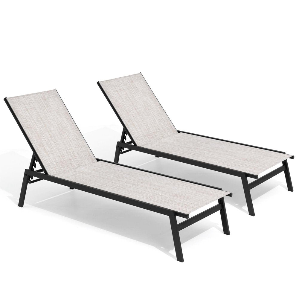 Set of Two Beige Steel Five Position Adjustable Outdoor Stacking Chaise Lounges