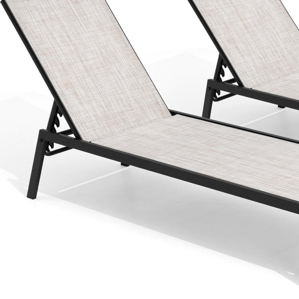 Set of Two Beige Steel Five Position Adjustable Outdoor Stacking Chaise Lounges
