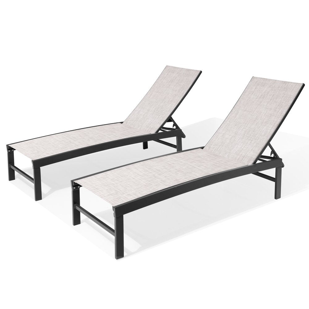 Set of Two Off White Steel Five Position Adjustable Outdoor Chaise Lounges